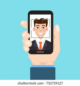 Biometric identification, face recognition system concept. smartphone in hand. Vector illustration.