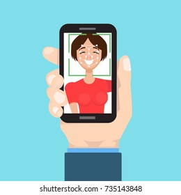 Biometric identification, face recognition system concept. smartphone in hand. Vector illustration.