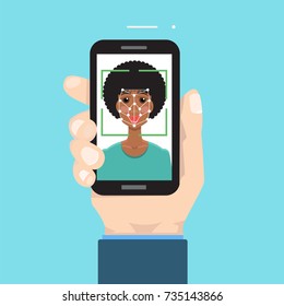 Biometric identification, face recognition system concept. smartphone in hand. Vector illustration.