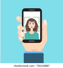 Biometric identification, face recognition system concept. smartphone in hand. Vector illustration.