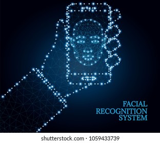 Biometric identification or Facial recognition system, wireframe concept. Mobile app for face recognition. Abstract technology illustration. Polygonal low poly design from triangles, dots, polygons.