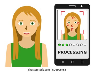 Biometric identification. Facial recognition system concept. Mobile app for face recognition. Vector illustration
