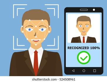 Biometric identification. Facial recognition system concept. Mobile app for face recognition. Vector illustration