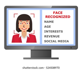 Biometric identification. Facial recognition system concept. Face recognition program on monitor. Vector illustration