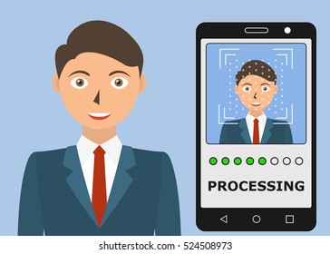 Biometric identification. Facial recognition system concept. Mobile app for face recognition. Vector illustration