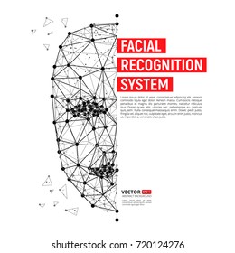 Biometric identification or Facial recognition system concept. Vector illustration of human face consisting of polygons, points and lines with place for your text isolated on white background