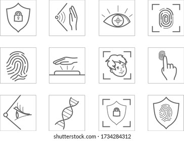 Biometric identification icons.  Cyber security, data, cloud, shield, dna protection, hand and eye scanning, lock vector design. 