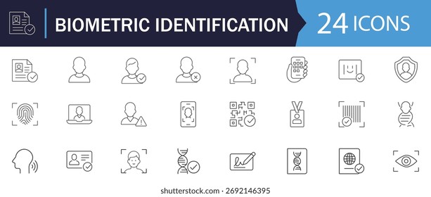 Biometric Identification line Editable Icons set. A clean vector illustration in thin modern style showing personal data tools like biometric, barcode, passport, and beyond.