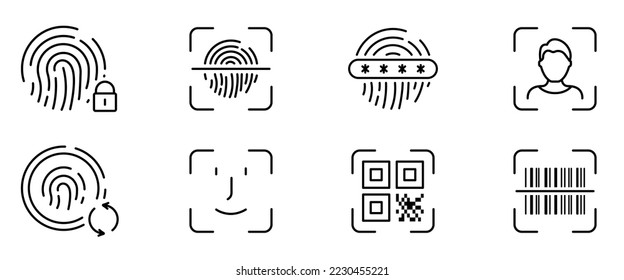 Biometric Identification Line Icon. Finger Print Verification Pictogram. Password Protection and Change. QR Code and Bar Code Scanning Outline Symbol. Editable Stroke. Isolated Vector Illustration.