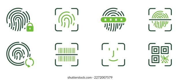 Icono de línea de identificación biométrica. Pictograma de verificación de impresión de dedo. Protección y cambio de contraseña. Símbolo de color de exploración de código QR y código de barras. Ilustración de vectores aislados.