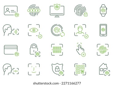 Biometric Identification Line Icon Set. Face ID, Touch ID Color Pictograms. Fingerprint, Facial Identity Password Outline Symbol. Security Verification. Editable Stroke. Isolated Vector Illustration.
