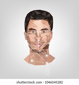 Biometric identification on face, in the style of low poly. Vector illustration.