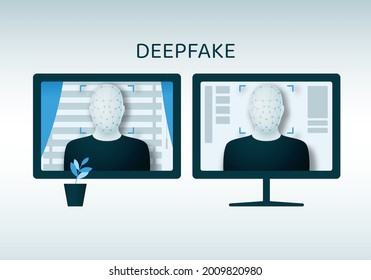 Biometric identification of a person's face using AI and superimposing on another using deepfake. Vector illustration.