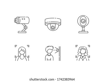Biometric identification pixel perfect linear icons set. Video surveillance. Facial recognition. Customizable thin line contour symbols. Isolated vector outline illustrations. Editable stroke