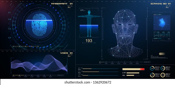 Biometric Identification Or Recognition System Of Person. The Facial Recognition Technology Fingerprint, Voice.Recognition  System Concept (Authentication). Set HUD GUI UI Elements. Vector