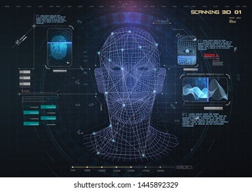 Biometric Identification or Recognition System of Person. The facial recognition technology Fingerprint, Voice. Recognition System Concept (Authentication). Set HUD, GUI, UI, 3D Elements. Vector