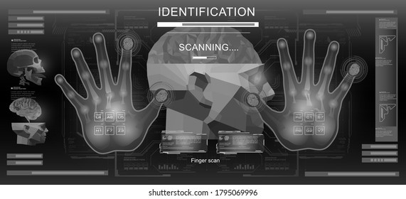 Sistema de identificación o reconocimiento biométrico de la persona. Escáner digital holográfico de mano y huellas digitales y palma entera. Análisis e identificación de huellas digitales con HUD, elementos GUI. HUD numérico p