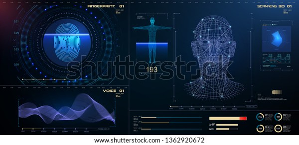 Biometric Identification or Recognition System of\
Person. The facial recognition technology Fingerprint,\
Voice.Recognition  System Concept (Authentication). Set HUD GUI UI\
Elements. Vector
