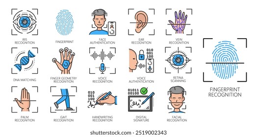 Identificación biométrica, reconocimiento o verificación. Símbolos del Vector del contorno del color de la tecnología del reconocimiento de la seguridad de la identidad fijados con la oreja, facial, palma e iris, huella dactilar