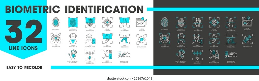 Iconos de línea de Identificación, reconocimiento y verificación biométricos. Escaneo facial y de huellas dactilares del contorno del Vector, identificación, acceso de voz y firma digital, señales de reconocimiento de ADN, ojos, palmas y oídos