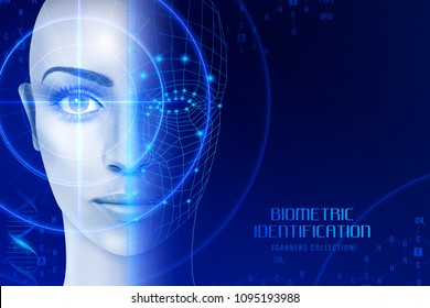 Biometric identification, scanners in work process for face and retina recognition on dark background vector illustration