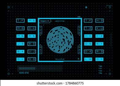 Biometric identification system. Fingerprint scan in futuristic style. Digital identity verification. Vector illustration.