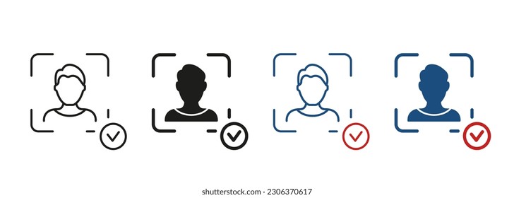 Colección de símbolos de la tecnología de identificación biométrica. Pictograma de reconocimiento facial. Signo de verificación. Escanear el ID de la cara en la línea Smartphone y conjunto de iconos de la silueta. Ilustración de vectores aislados.