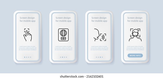 Biometric information set icon. Data, fingerprint, scanner, voice unlock, face id. Technology concept. UI phone app screens. Vector line icon for Business and Advertising.