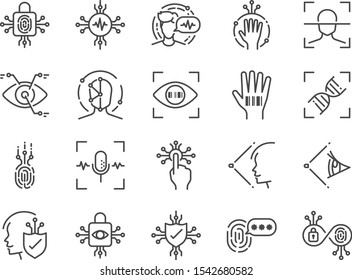 Biometric line icon set. Included icons as bio security, fingerprint scan, retina scan, face recognition, voice recognition, password and more.