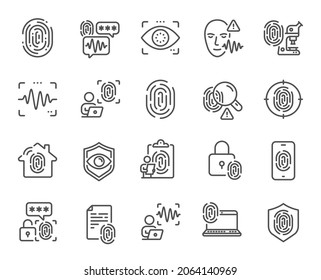 Biometric line icons. Fingerprint access, Eye biometric and Voice recognition. Detect identity, Check finger access and Scan eye or voice icons. Identify user by fingerprint, secure id. Vector