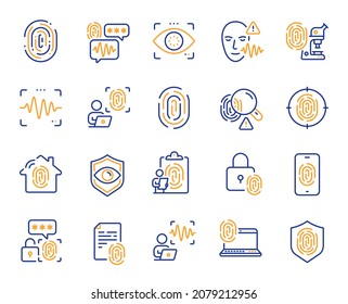 Biometric line icons. Fingerprint access, Eye biometric and Voice recognition. Detect identity, Check finger access and Scan eye or voice icons. Identify user by fingerprint, secure id. Vector