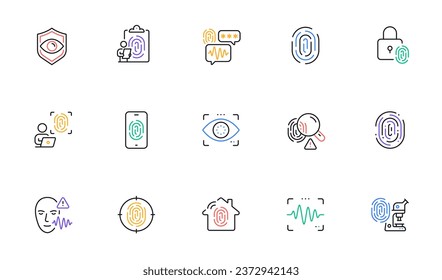 Biometric line icons. Fingerprint access, Eye biometric and Voice recognition. Detect identity, Check finger access and Scan eye or voice icons. Identify user by fingerprint, secure id. Vector