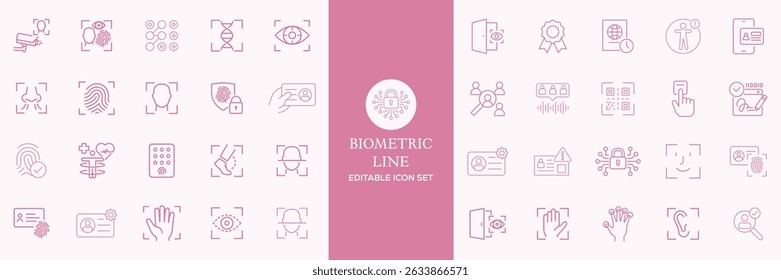 biometric line icons. Identity, acces, passport, id card, verification etc. Editable stroke