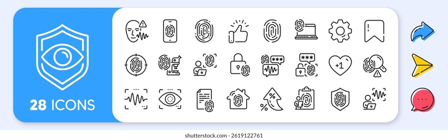 Biometric line icons. Interest rate, AI generate, Inflation icons. Fingerprint access, Eye biometric and Voice recognition. Detect identity, Check finger access and Scan eye or voice icons. Vector