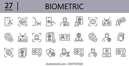 Biometric line icons set with Recognition, Face, Scan, Fingerprint, Identity, Verification, Eye, Finger, Human and more. Editable Stroke