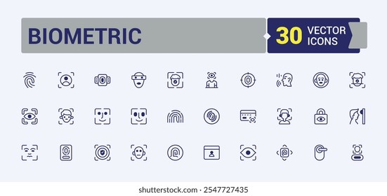 Conjunto de iconos de Web de línea biométrica. Incluye detección de línea delgada, huellas dactilares, verificación, identificación, autorización, cortafuegos y más. Web minimalista e iconos de interfaz de usuario. Ilustración vectorial.