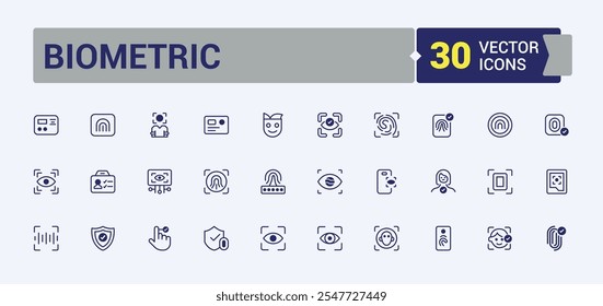 Conjunto de iconos de Web de línea biométrica. Incluye detección de línea delgada, huellas dactilares, verificación, identificación, autorización, cortafuegos y más. Web minimalista e iconos de interfaz de usuario. Ilustración vectorial.