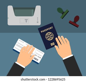 Biometric passport control flat vector illustration. A man with a ticket and passport passes the point of scanning documents. The concept of visa-free regime, travel, business trip, passport control