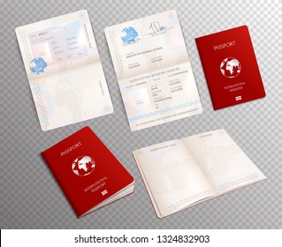 Biometric passport realistic set on transparent background with document mockups opened on different sheets vector illustration
