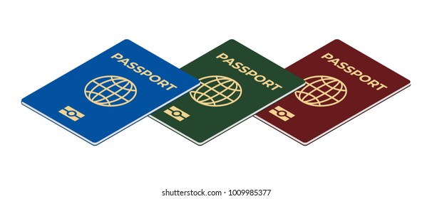 Biometric passport set isolated on white background. International identification document for travel flat vector isometric illustration. Passport with biometric data. 