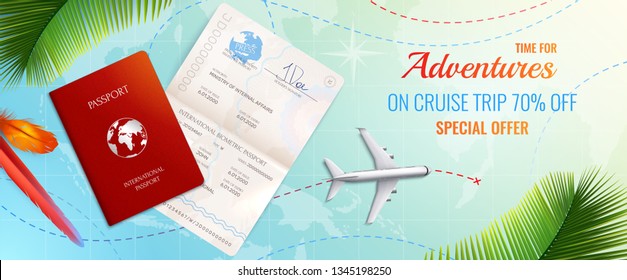 Biometric passport travel advertising realistic composition with time for adventures special offer vector illustration