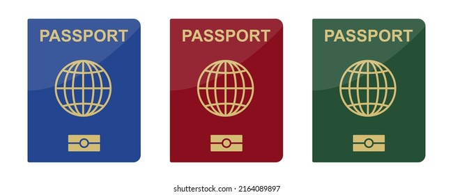 Biometric passport vector flat icon. Blue, red and green leather passport. Vector set.