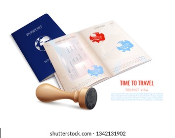 Biometric passport visa stamps realistic with time to travel tourist visa headline vector illustration