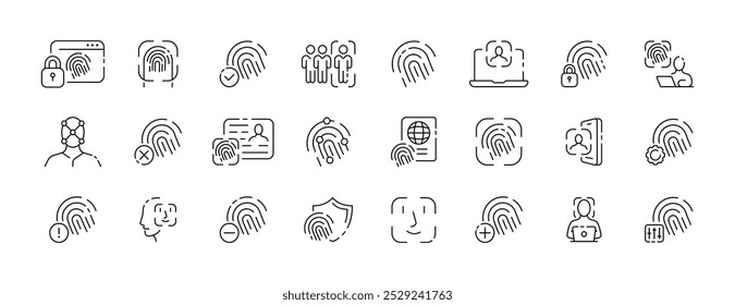 Colección de ícono de Contraseña biométrica. Reconocimiento de huellas dactilares y rostro. Control biométrico. Estilo lineal. Iconos del vector