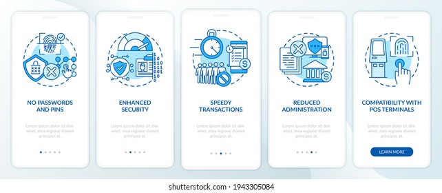 Biometric payment benefits onboarding mobile app page screen with concepts. Identify user and authorize walkthrough 5 steps graphic instructions. UI vector template with RGB color illustrations