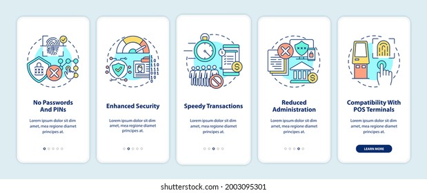 Biometric payment benefits onboarding mobile app page screen with concepts. Identify user and authorize walkthrough 5 steps graphic instructions. UI vector template with RGB color illustrations