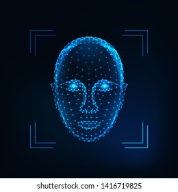 Biometric person  identification, facial  recognition concept. Futuristic low polygonal human face made of lines, dots, stars, triangles isolated on dark blue background. Vector illustration.