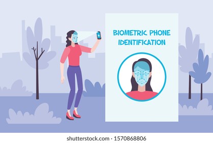 Biometric phone identification composition with text and outdoor scenery with woman unlocking smartphone with face id vector illustration