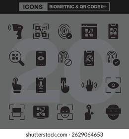 Conjunto de ícones biométricos e de código QR com símbolos de arte de linha que representam digitalização de impressão digital, reconhecimento facial, autenticação de voz e soluções de segurança digital