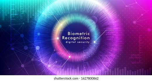 Biometric recognition background. Vector illustration with eye iris and digital security interface.